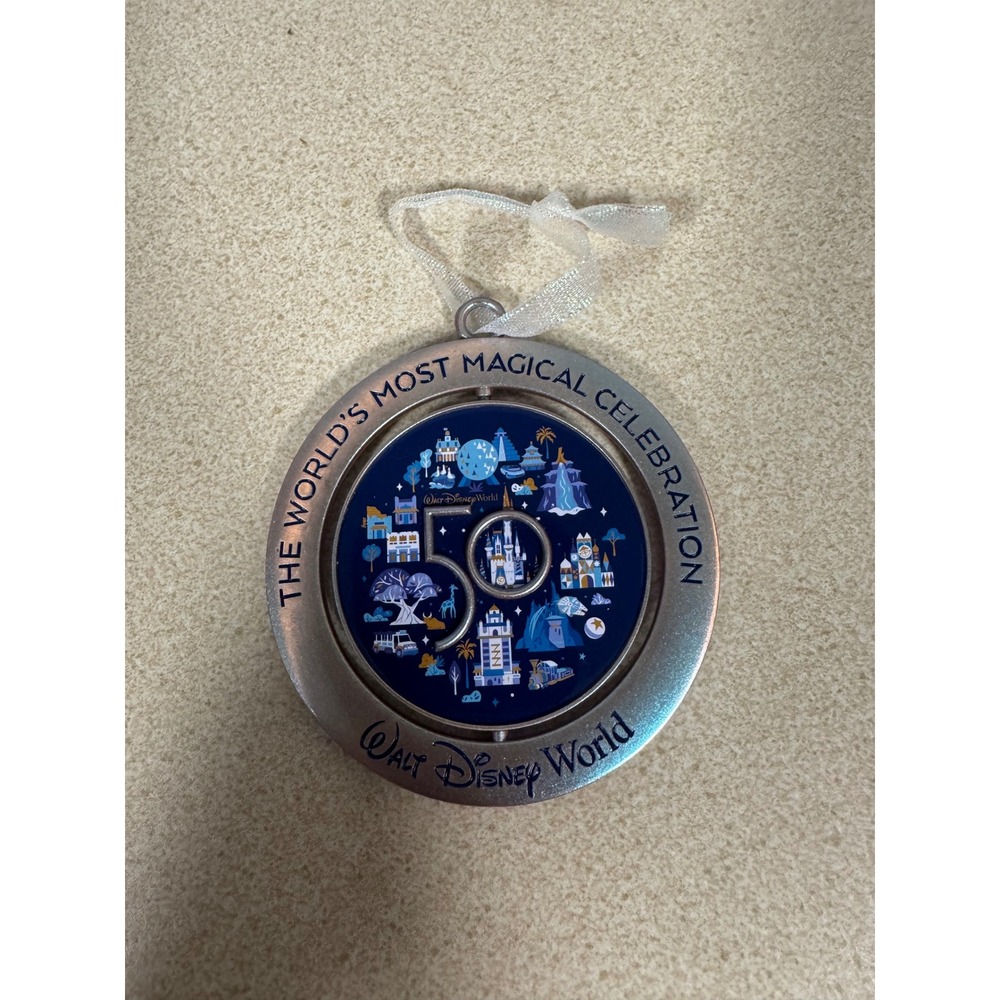 Disney World 50th Anniversary Mickey Mouse Spinning Metal‎ Ornament Silver Blue